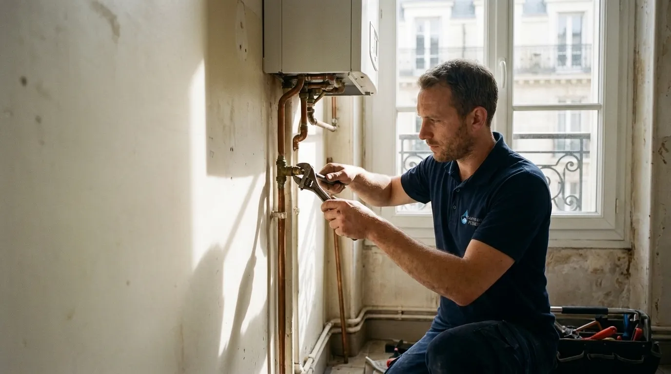 Laurent Adam, plombier, en intervention sur un chauffe-eau à La Garenne-Colombes