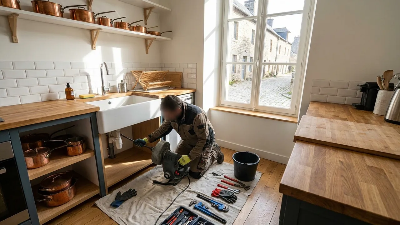 Plombier dégageant une canalisation obstruée sous un évier de cuisine à La Garenne-Colombes