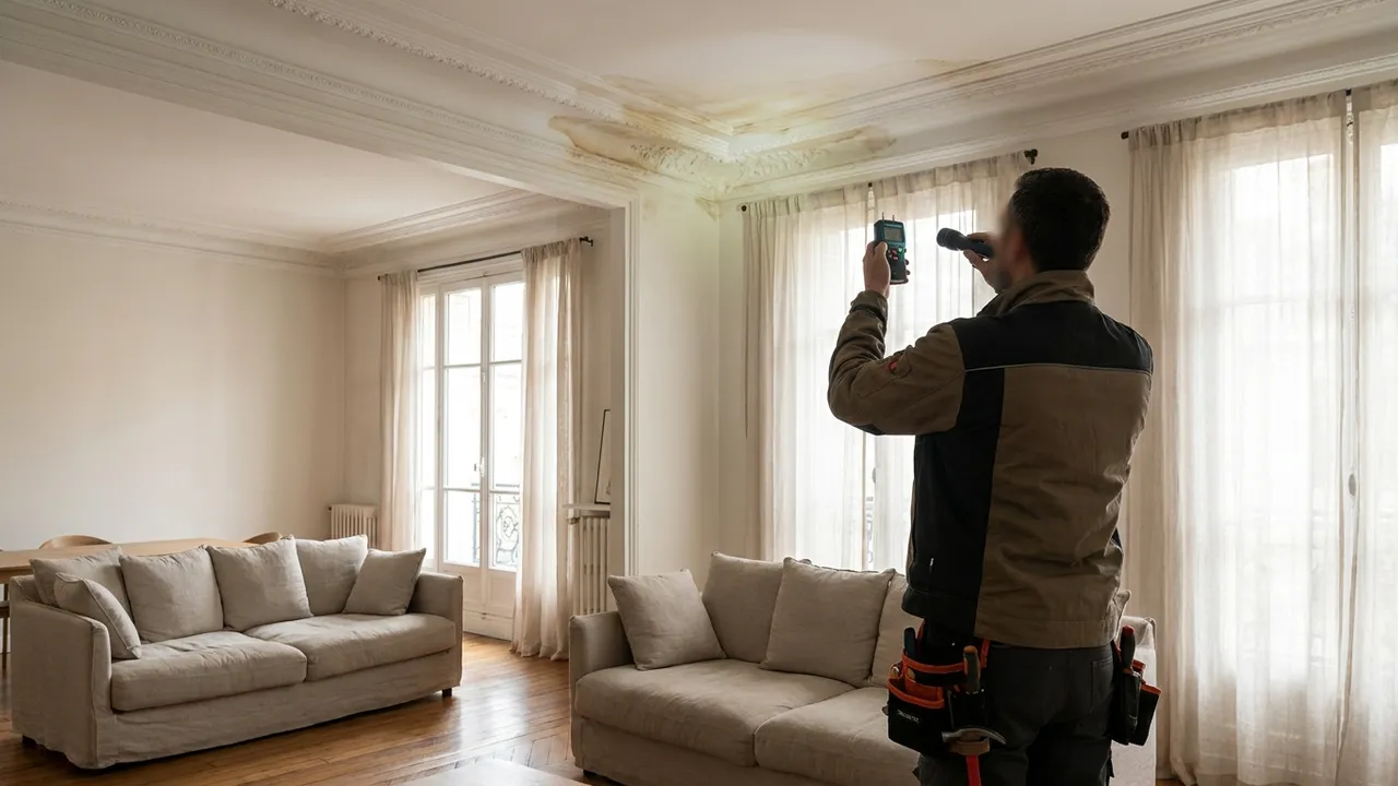 Plombier inspectant un plafond taché par une fuite d'eau dans un appartement de La Garenne-Colombes