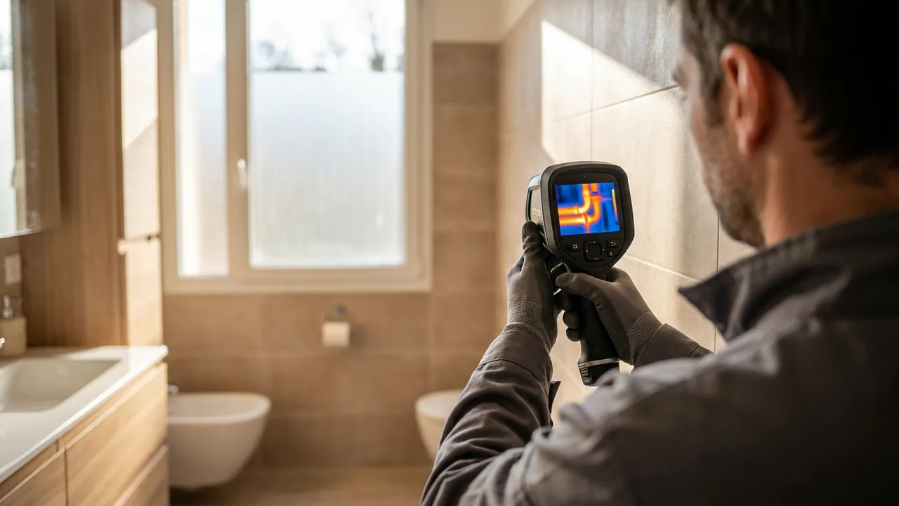 Plombier utilisant une caméra thermique sur un mur de salle de bain pour localiser une fuite à La Garenne-Colombes