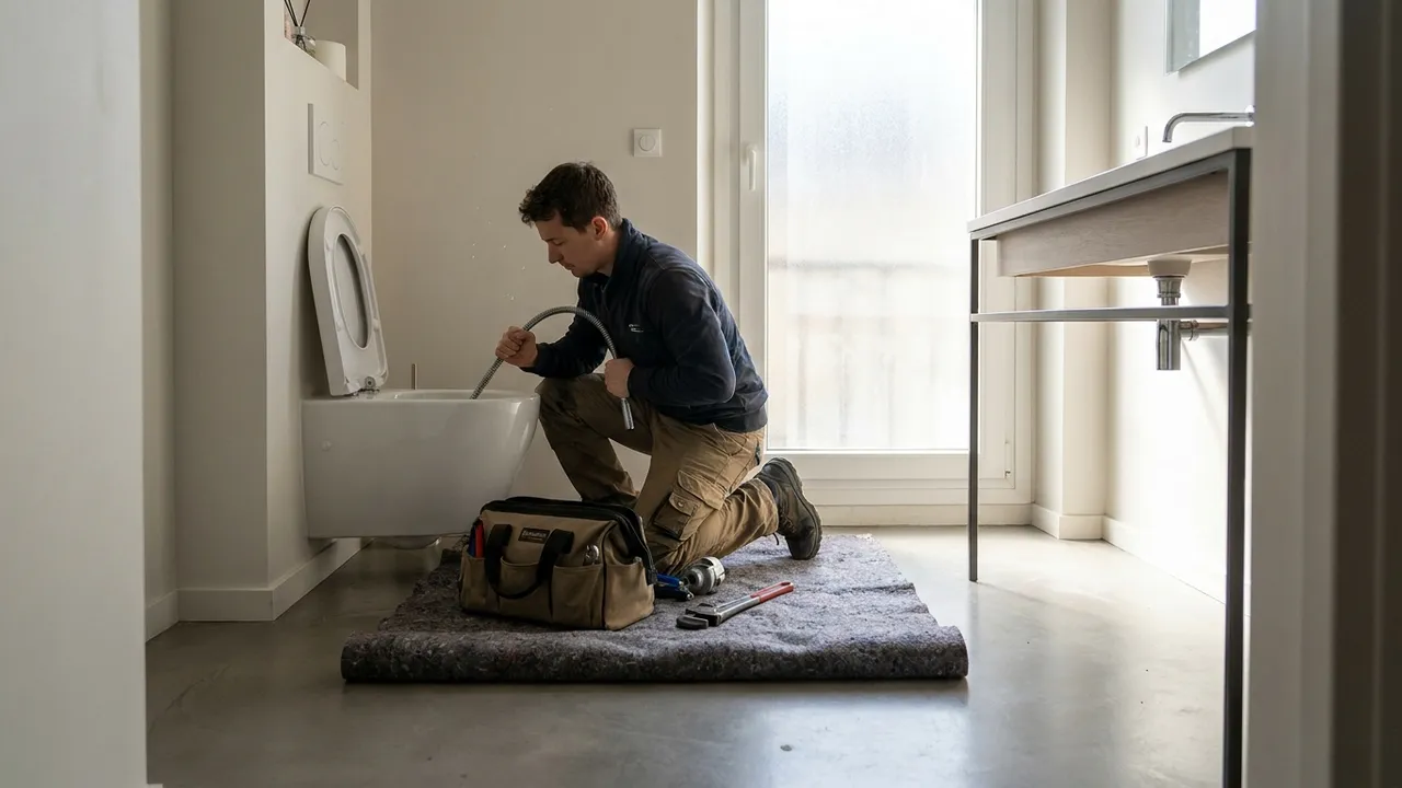 Plombier débouchant un WC au furet dans une salle de bain d'appartement à La Garenne-Colombes